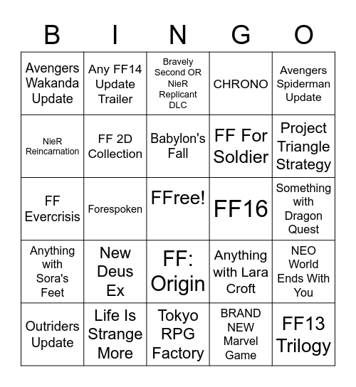 Squeenix Three Es Bingo Card