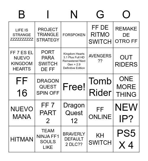 SQUARE ENIX Bingo Card