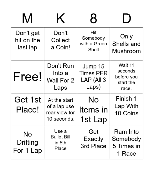 Mario Kart 8 Deluxe Bingo - 1 Bingo Card