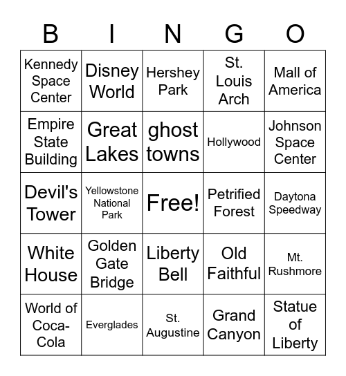 U.S Landmarks Bingo Card