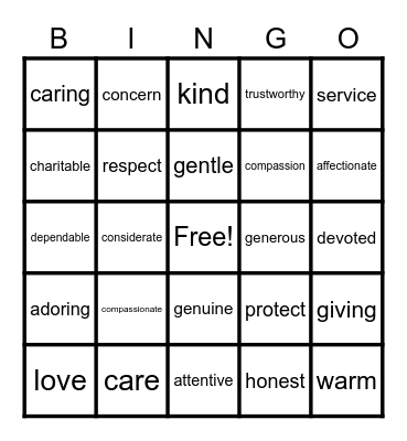 "I CARE" Bingo Card