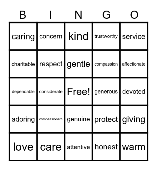 "I CARE" Bingo Card