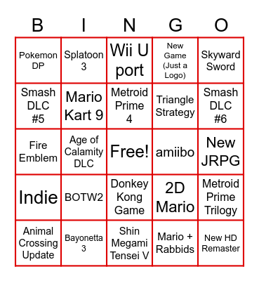 Nintendo E3 2021 Bingo Card