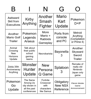 Nintendo Direct Specs Bingo Card