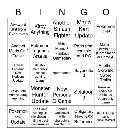 Nintendo Direct Specs Bingo Card