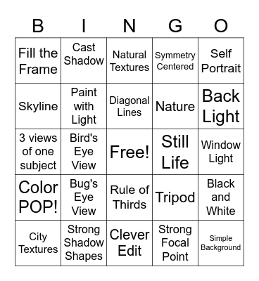 Pixel Play Photography Bingo Card