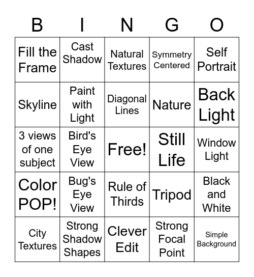 Pixel Play Photography Bingo Card