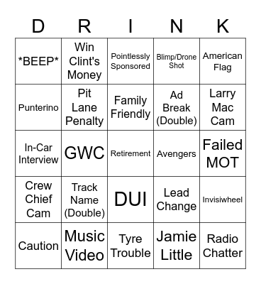 NASCAR Bingo Card