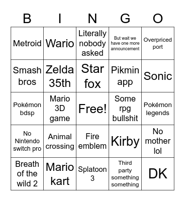 nintendo e3 2021 Bingo Card