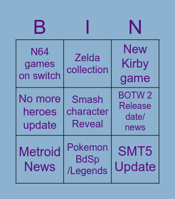 Nintendo E3 Bingo Card