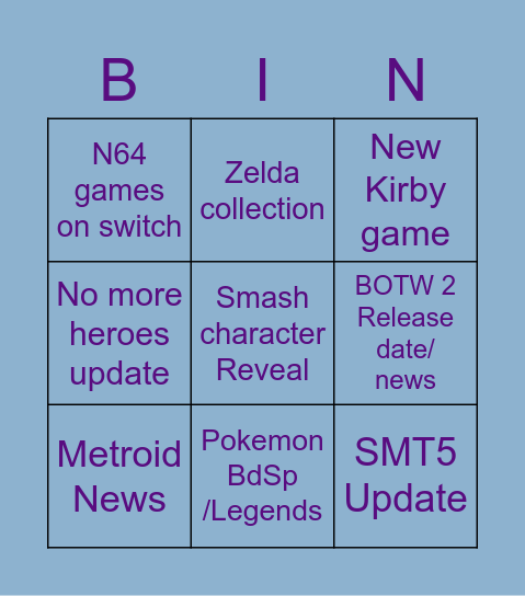 Nintendo E3 Bingo Card