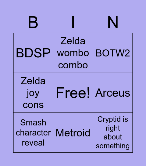 Nintendo makes me Cry Bingo Card