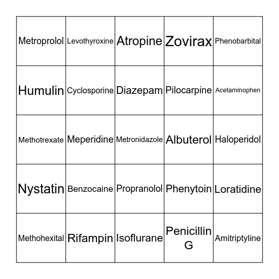 Drug-o Bingo Card