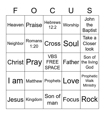 "FOCUS, Take a Closer Look" Hebrews 12:2 Bingo Card