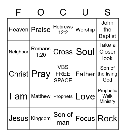 "FOCUS, Take a Closer Look" Hebrews 12:2 Bingo Card