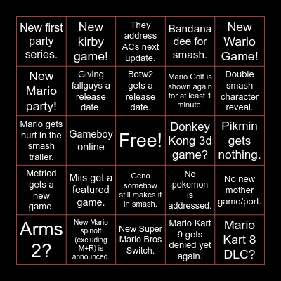 Nintendo 2021 E3 Bingo Card