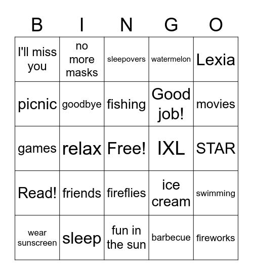 2nd Grade End of Year Bingo Card