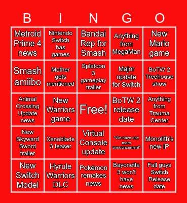 Nintendo E3 Bingo! Bingo Card