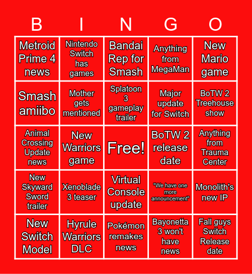 Nintendo E3 Bingo! Bingo Card