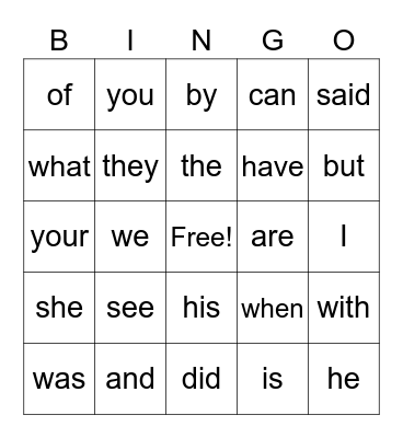 Sight Words Bingo Card