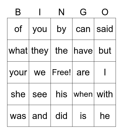 Sight Words Bingo Card