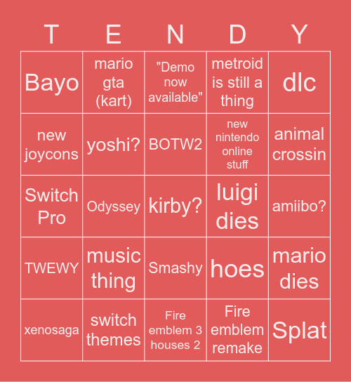 nintendo bing Bingo Card