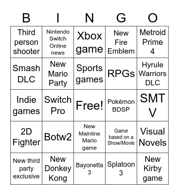 Nintendo E3 Direct Bingo Card