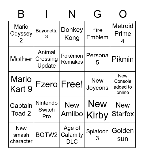 Nintendo Bingo Card