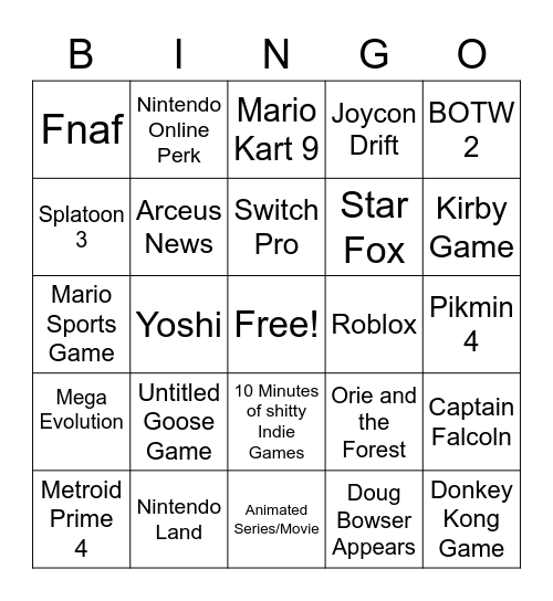 Nintendo E3 Bingo Card