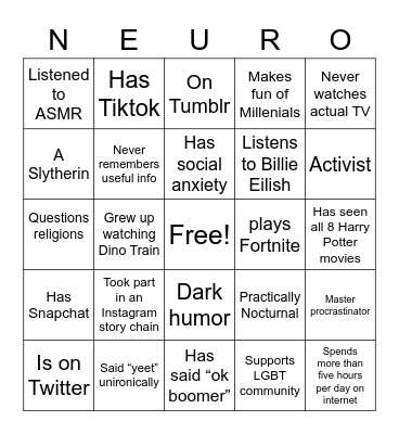 Gen Z bingo Card