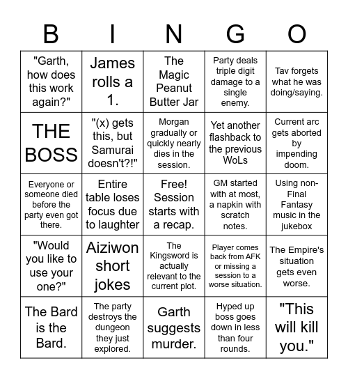 KW Bingo Card