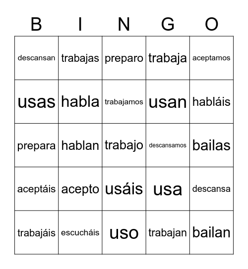 Verbos de AR 1 Bingo Card