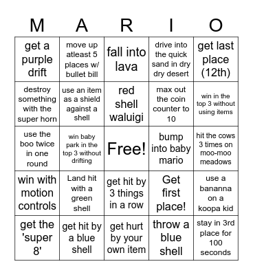 Mario Kart 8 Bingo Card