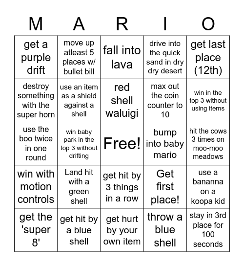 Mario Kart 8 Bingo Card
