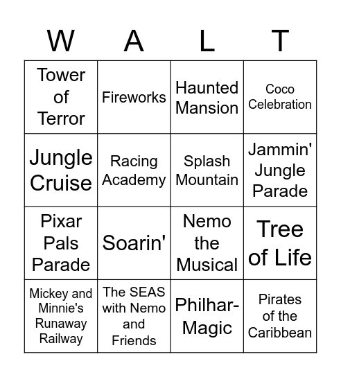 Virtual Disney Field Trip Bingo Card