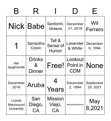 Jessica's Bridal Bingo! Bingo Card