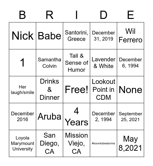 Jessica's Bridal Bingo! Bingo Card