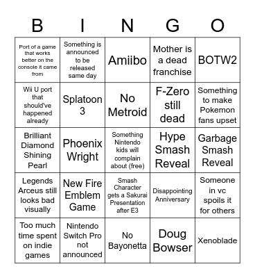 Nintendo E3 Bingo Card