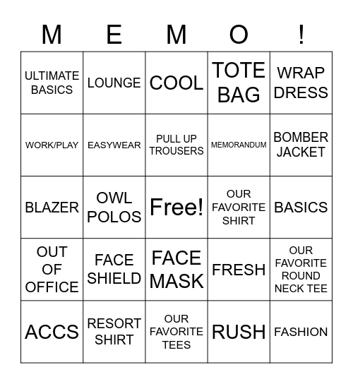 MEMO 1 Bingo Card
