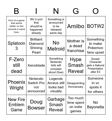 Nintendo E3 Bingo Card