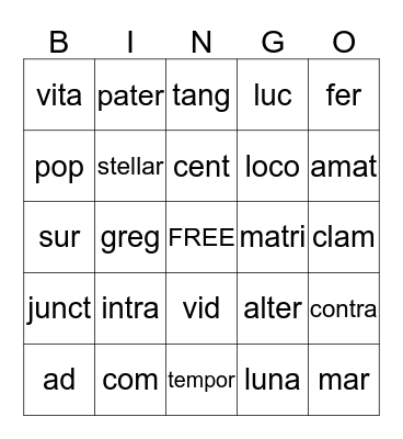5th Grade Word Stems  Bingo Card