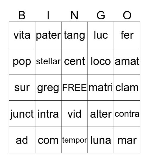 5th Grade Word Stems  Bingo Card