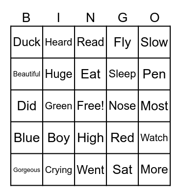 English Bingo Card