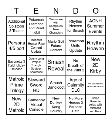 Nintendo Direct Predicitions Bingo Card