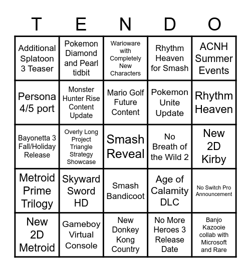 Nintendo Direct Predicitions Bingo Card