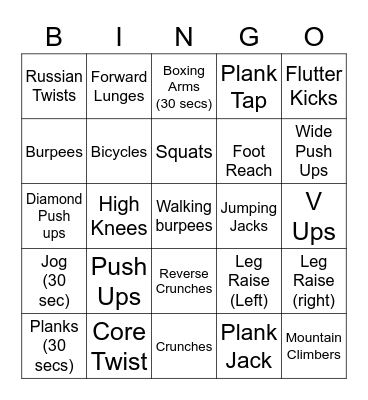 CAP Physical Fitness BINGO Card