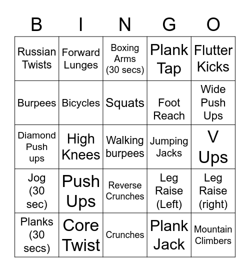 CAP Physical Fitness BINGO Card