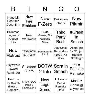 Nintendo @ E3 Bingo Card