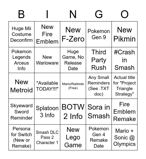 Nintendo @ E3 Bingo Card