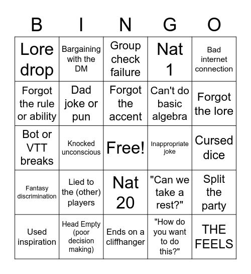 DnD Session Bingo Card